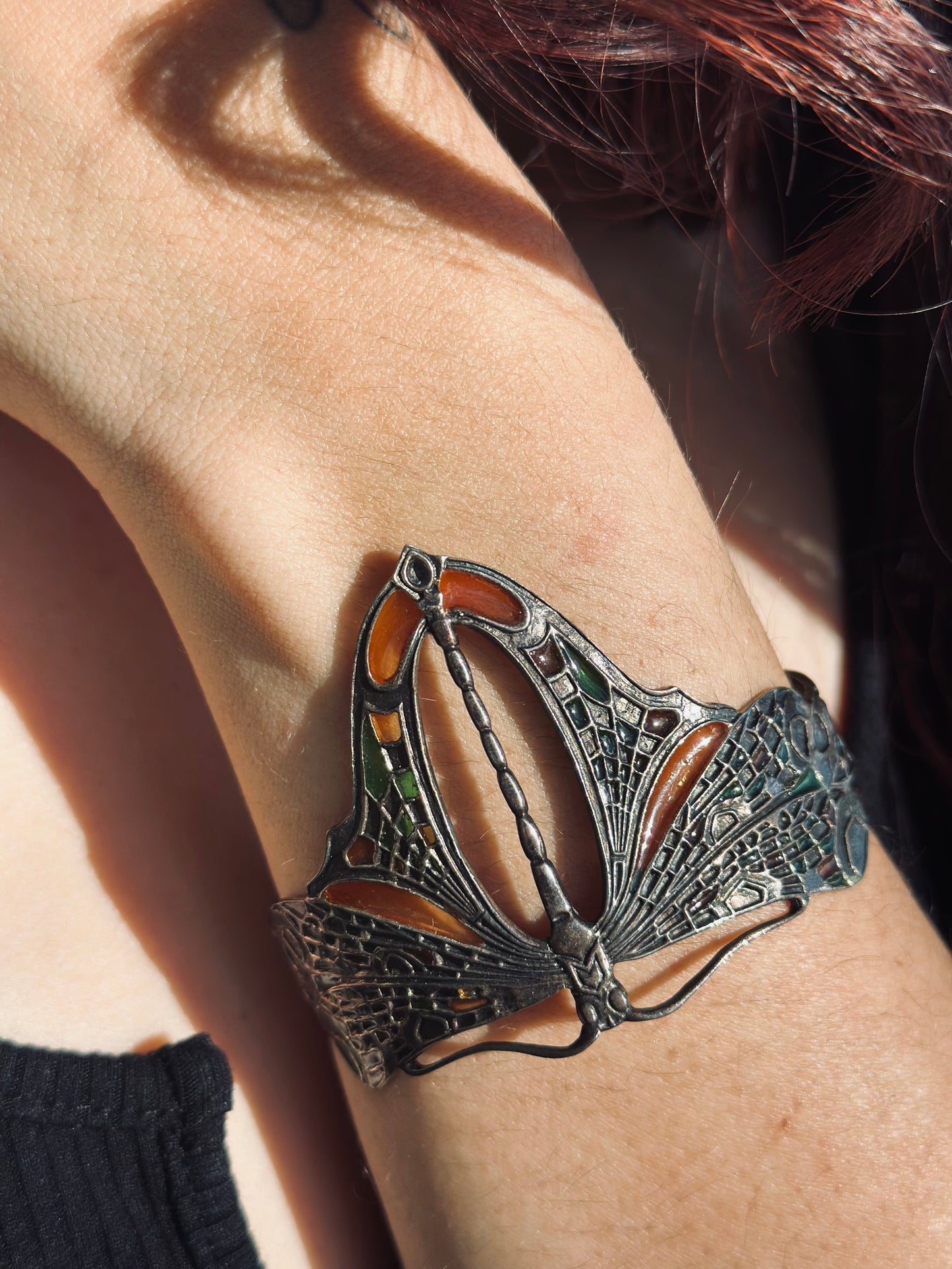 SOLD Plique a Jour 925 Sterling Silver Dragonfly Enamel Cuff Bracelet